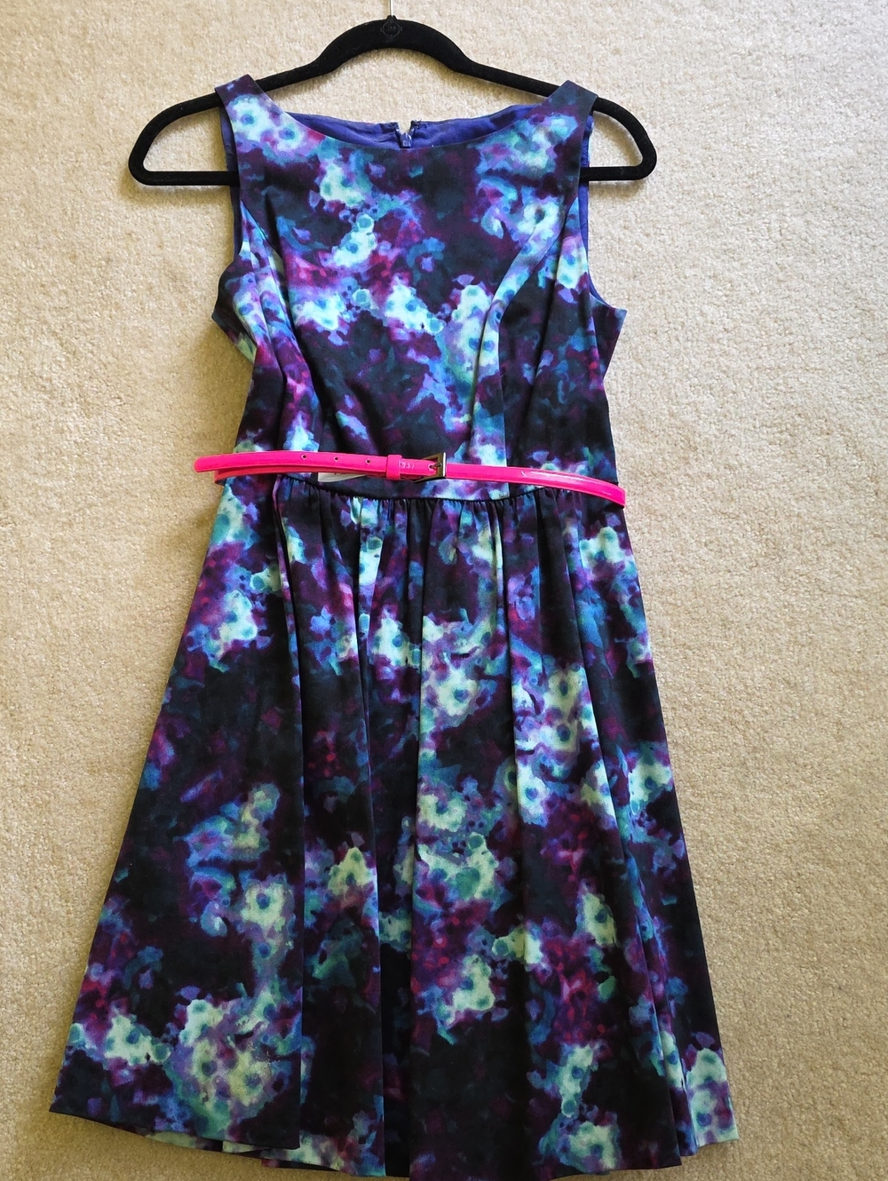 Jessica Simpson Sleeveless Fit-and-Flare Dress in Blue and Purple with Pink Belt